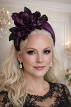 Load image into Gallery viewer, Purple Plum Flower Fascinator Headband, Lightweight Hat, Races Headpiece