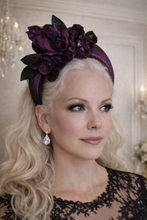 Load image into Gallery viewer, Purple Plum Flower Fascinator Headband, Lightweight Hat, Races Headpiece