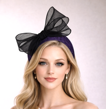 Load image into Gallery viewer, Purple Fascinator Headband — Black Statement Bow Wedding &amp; Race Day Hat