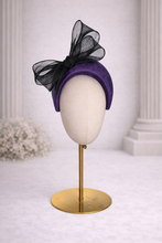 Load image into Gallery viewer, Purple Fascinator Headband — Black Statement Bow Wedding &amp; Race Day Hat