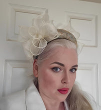 Load image into Gallery viewer, Ivory Bow Fascinator Headband with Rainbow Glitter Straw - Pearl Detail – 5.5cm