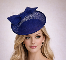 Load image into Gallery viewer, Royal Blue Sinamay Fascinator Headband — Statement Bow Wedding &amp; Race Day Hat