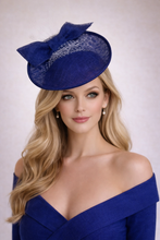 Load image into Gallery viewer, Royal Blue Sinamay Fascinator Headband — Statement Bow Wedding &amp; Race Day Hat