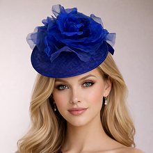 Load image into Gallery viewer, Royal Blue Sinamay Percher Hat — Silk Organza Flower &amp; Bow Detail Headband