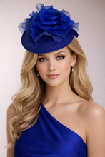 Load image into Gallery viewer, Royal Blue Sinamay Percher Hat — Silk Organza Flower &amp; Bow Detail Headband
