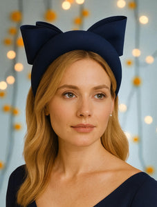 Blue Satin Back Bow Fascinator Headband – Padded Jersey Band with Optional Tails