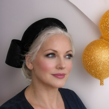Load image into Gallery viewer, Black Velvet Bow Ridged Headband Fascinator, Back Bow, Colour Options