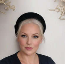 Load image into Gallery viewer, Black Velvet Bow Ridged Headband Fascinator, Back Bow, Colour Options