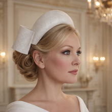 Load image into Gallery viewer, White Sinamay Headband Fascinator with Elegant Bow – 10 cm Wide