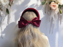 Load image into Gallery viewer, Wine Burgundy  Headband Fascinator with Separate Large Satin Back Bow, 7cms wide headband