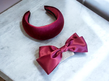 Load image into Gallery viewer, Wine Burgundy  Headband Fascinator with Separate Large Satin Back Bow, 7cms wide headband