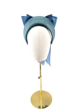 Load image into Gallery viewer, Blue Satin Bow Headband Fascinator, on a Sinamay Halo Base, with tails