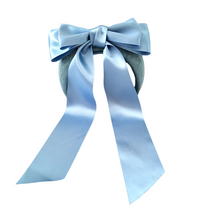 Load image into Gallery viewer, Blue Satin Bow Headband Fascinator, on a Sinamay Halo Base, with tails