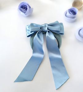 Pale Blue Satin Bow Headband Fascinator, on a Sinamay Halo Base, with tails