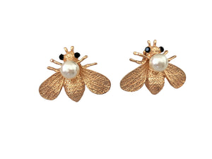 CLIP ON Bee Diamante Stud Earrings with Pearl