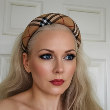 Load image into Gallery viewer, Beige Tartan Padded Headband, Black Checked Plaid Hair Band, 4cm Wide