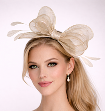 Load image into Gallery viewer, Beige Sinamay Bow Fascinator with Silver Lurex Detail