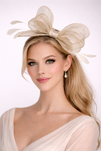 Load image into Gallery viewer, Beige Sinamay Bow Fascinator with Silver Lurex Detail