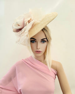 Blush Flower Fascinator, Percher Hat, Beige Saucer, Elegant Bridal Headpiece