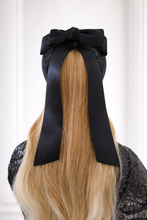 Load image into Gallery viewer, Black Satin Bow Headband Fascinator, on a Sinamay Halo Base, with tails