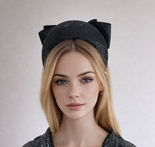 Load image into Gallery viewer, Black Satin Bow Headband Fascinator, on a Sinamay Halo Base, with tails