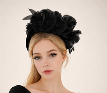 Load image into Gallery viewer, Black Velvet Flower Fascinator Headband – Padded Halo Crown for Weddings