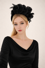 Load image into Gallery viewer, Black Velvet Flower Fascinator Headband – Padded Halo Crown for Weddings