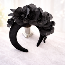 Load image into Gallery viewer, Black Velvet Flower Fascinator Headband – Padded Halo Crown for Weddings