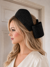 Load image into Gallery viewer, Black Ridged 4" Wide Fascinator Headband with Back Bow – Wedding &amp; Race Day Hat "Willow"