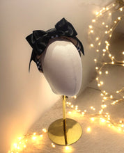 Load image into Gallery viewer, Black Bow Fascinator on Beige Check Plaid Padded Alice Band