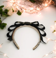 Load image into Gallery viewer, Black Ribbon Bow Fascinator on Beige Check Plaid Headband With Tails