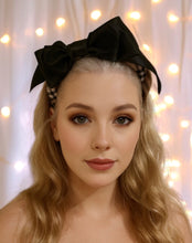Load image into Gallery viewer, Black Bow Fascinator on Beige Check Plaid Padded Alice Band