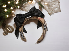 Load image into Gallery viewer, Black Bow Fascinator on Beige Check Plaid Padded Alice Band