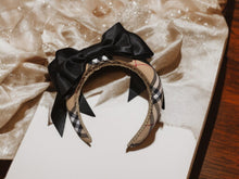 Load image into Gallery viewer, Black Bow Fascinator on Beige Check Plaid Padded Alice Band