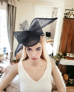 Black Bow Percher Hat, Fascinator, on a hair clip, Races Hatinator