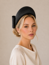 Load image into Gallery viewer, Black Ridged 4" Wide Fascinator Headband with Back Bow – Wedding &amp; Race Day Hat "Willow"