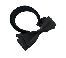 Load image into Gallery viewer, Black Satin Back Bow Headband Fascinator, on a padded velvet headband, optional tails