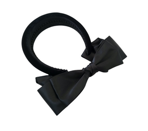 Black Satin Back Bow Headband Fascinator, on a padded velvet headband, optional tails