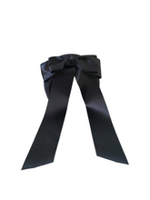 Load image into Gallery viewer, Black Satin Bow Headband Fascinator, on a Sinamay Halo Base, with tails