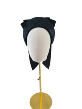 Load image into Gallery viewer, Black Satin Bow Headband Fascinator, on a Sinamay Halo Base, with tails