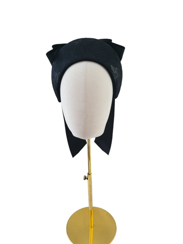 Black Satin Bow Headband Fascinator, on a Sinamay Halo Base, with tails