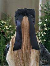 Load image into Gallery viewer, Black Satin Bow Headband Fascinator, on a Sinamay Halo Base, with tails