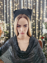 Load image into Gallery viewer, Black Satin Bow Headband Fascinator, on a Sinamay Halo Base, with tails