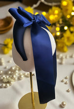 Load image into Gallery viewer, Blue Satin Back Bow Fascinator Headband – Padded Jersey Band with Optional Tails