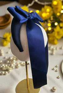 Blue Satin Back Bow Fascinator Headband – Padded Jersey Band with Optional Tails