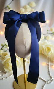 Blue Satin Back Bow Fascinator Headband – Padded Jersey Band with Optional Tails