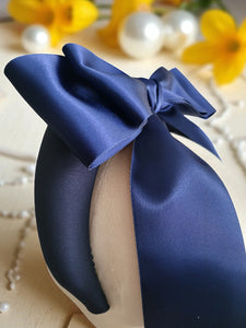 Blue Satin Back Bow Fascinator Headband – Padded Jersey Band with Optional Tails