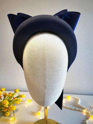 Blue Satin Back Bow Fascinator Headband – Padded Jersey Band with Optional Tails