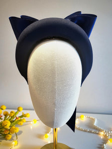 Blue Satin Back Bow Fascinator Headband – Padded Jersey Band with Optional Tails