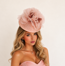 Load image into Gallery viewer, Blush Pink Sinamay Percher Hat — Silk Organza Flower &amp; Bow Detail Headband